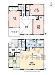 2号棟　4LDK　LDK横には4.5帖の和室を用意。LDKと合わせると22帖以上の広々空間