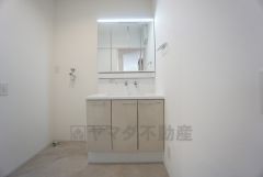 三面鏡つき洗面台。収納も一体型になっているので、ドライヤーやヘアアイロンの置き場に困りませんね。