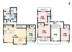 1号棟　4LDK　20帖以上のLDK上部は採光や風通しを考えた吹抜け構造となっています。さらに2Fには2面バルコニー付き