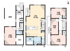4LDK　1F　9.2帖洋室　2Ｆ　LDK16.7帖　3F　3洋室