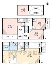 LDKは17.5帖、リビング部分は折り上げ天井・ダイニング部分には吹抜けあり＾＾ 2階には3洋室、主寝室は約10.7帖WIC付き＾＾約6.1帖の洋室にはWIC＆ロフト付き＾＾