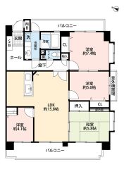 4LDK。約15.8帖のLDKに和室が隣接。 全居室収納付きでお部屋もすっきり。2面バルコニーを備えた、ゆとりある間取りです＾＾