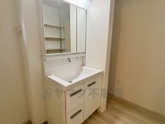 三面鏡にハンドシャワー付きで使いやすい洗面台です＾＾鏡裏と洗面ボウル下に収納付きの洗面台なので、整理整頓ができスッキリと使えます＾＾