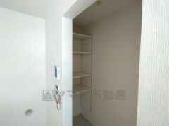 キッチンに設けられたパントリー。備蓄品や大きなお皿、使用頻度の少ない調理器具などの収納に便利です。