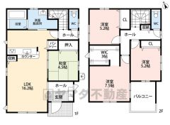 1階はLDKと隣接する和室を合わせると約21帖の空間＾＾2階には3洋室。主寝室には約3帖のWIC付き＾＾