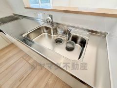 大きなお鍋も楽々洗える幅の広いシンクです＾＾ステンレスシンクなので簡単にお掃除できますよ。洗剤やスポンジもすっきりできる収納付き。